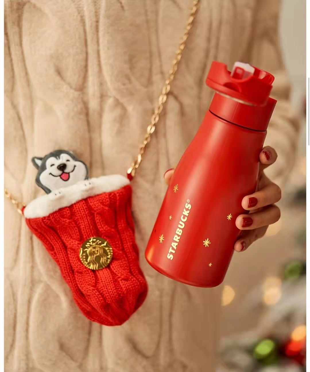 Starbucks 2021 China Red Christmas Knitted Bronze Seal Husky Cup Holder 16oz Tumbler