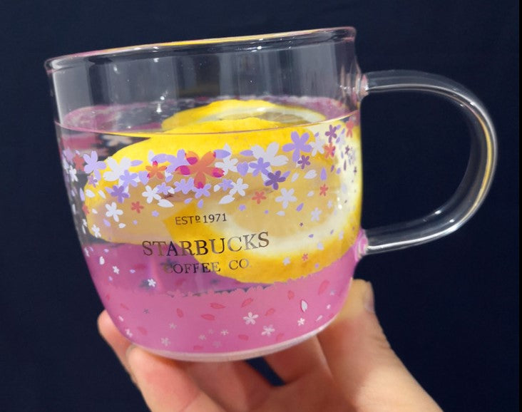 New Starbucks Pink Sakura Color-changing Glass Coffee Mug Cup with