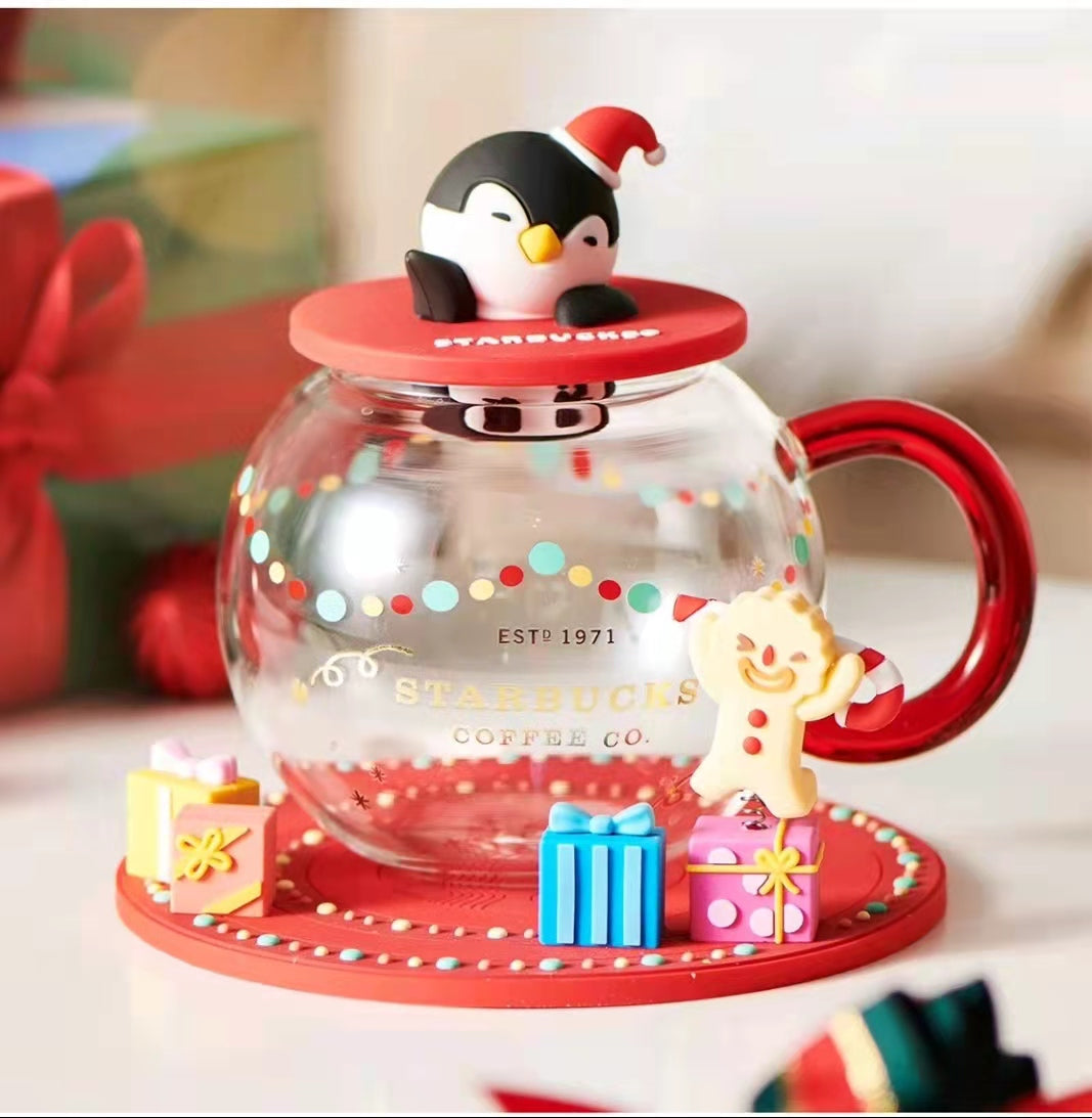 2021 China Red Christmas Penguin 13.5oz Glass Cup With Coaster