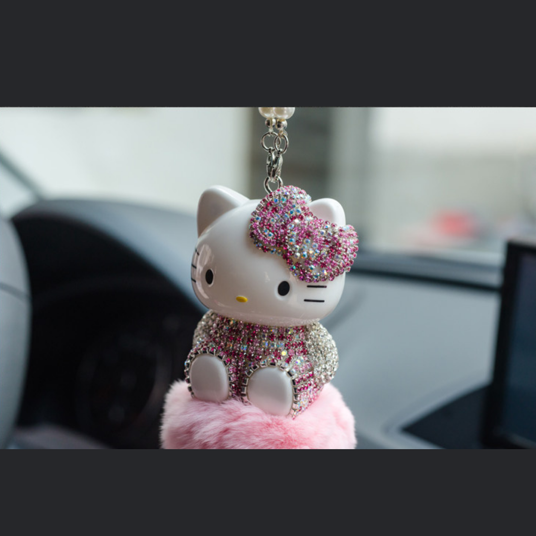 Hello Kitty Cute Pendant Hair Ball With Glitter Crystals Car Accessori