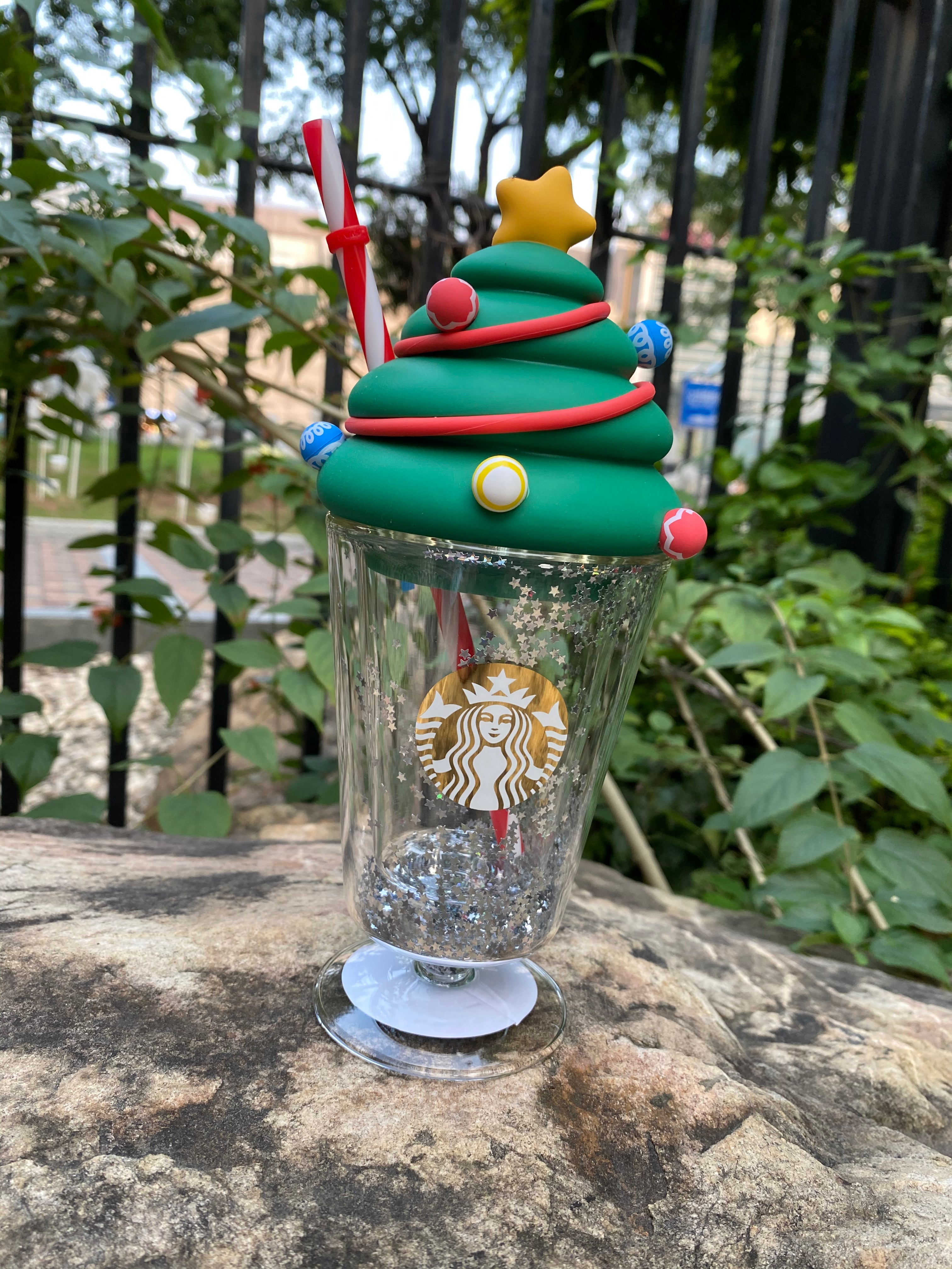 Starbucks 2021 China Colorful Christmas Tree 8.5oz Double Layer Glass Straw Cup