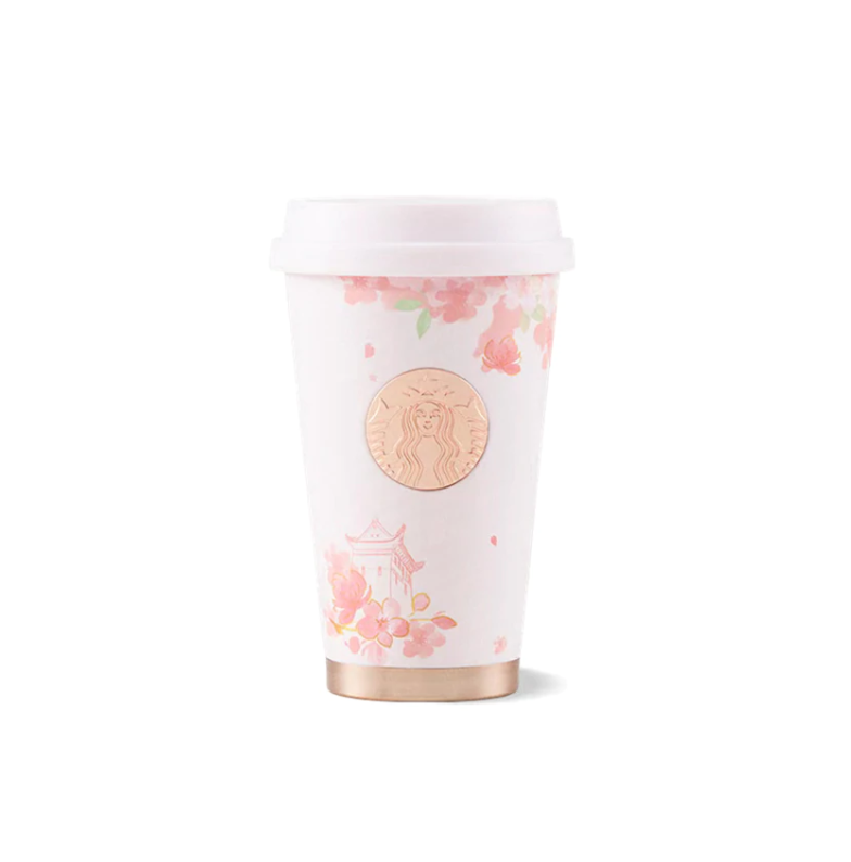 Starbucks 2022 China Pink Sakura 12oz Stainless Steel Cup with Cup Holder