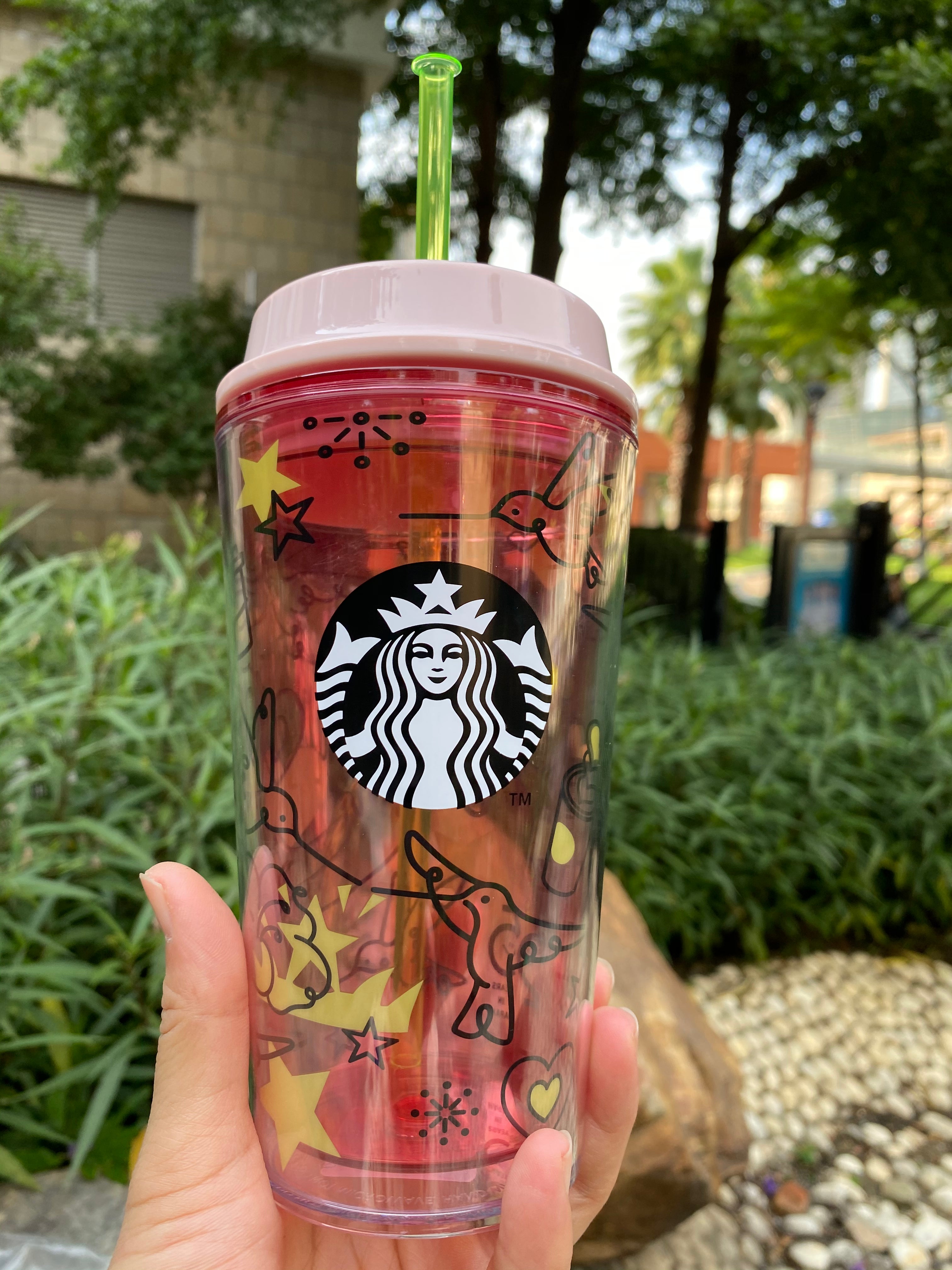 Starbucks 2021 Japan 25th Anniversary Hummingbird Pink Bird 16oz Plastic Straw Cup