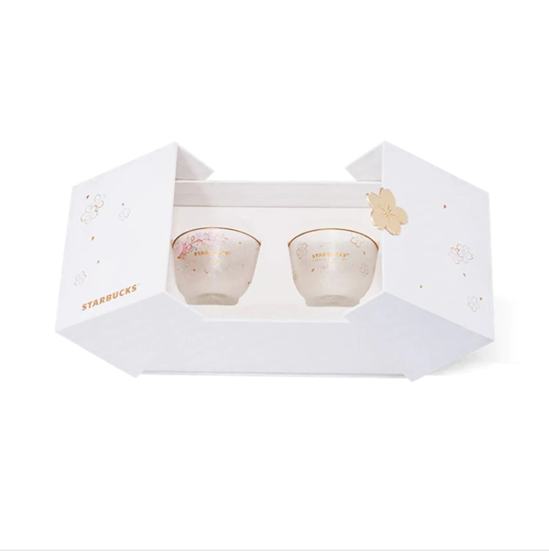 Starbucks 2022 China Pink Sakura 2x 6oz Glass Cup Gift Box