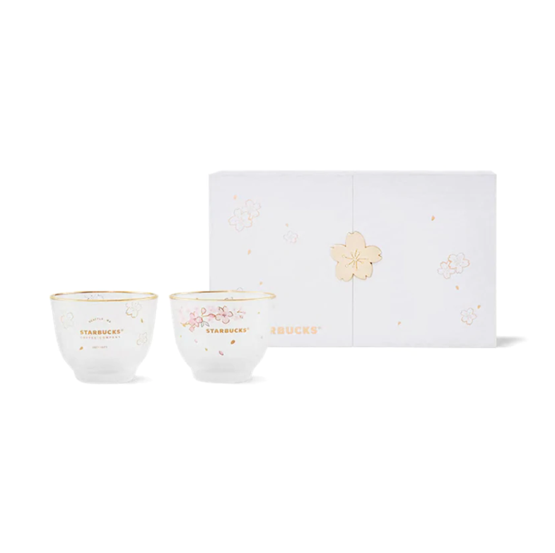 Starbucks 2022 China Pink Sakura 2x 6oz Glass Cup Gift Box