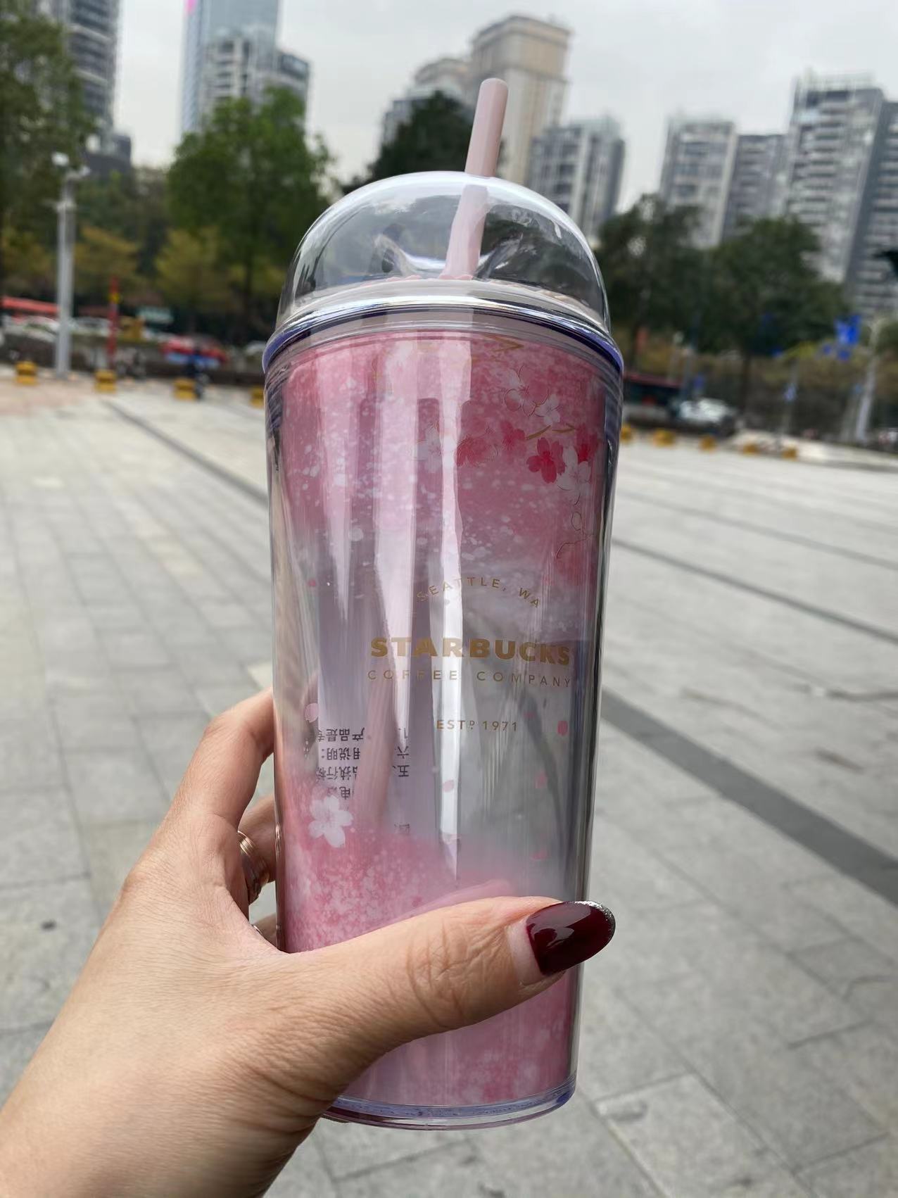 Starbucks Purple Cherry Blossom 12oz Plastic Straw Cup Dome Tumbler