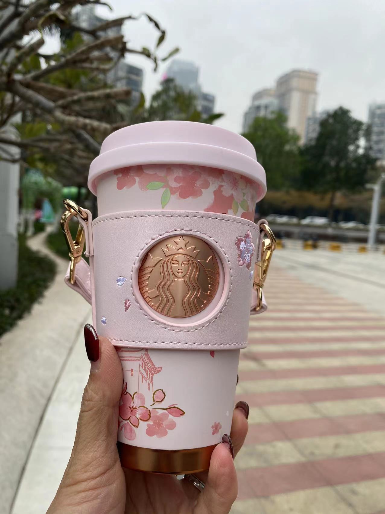 Starbucks 2022 China Pink Sakura 12oz Stainless Steel Cup with Cup Holder