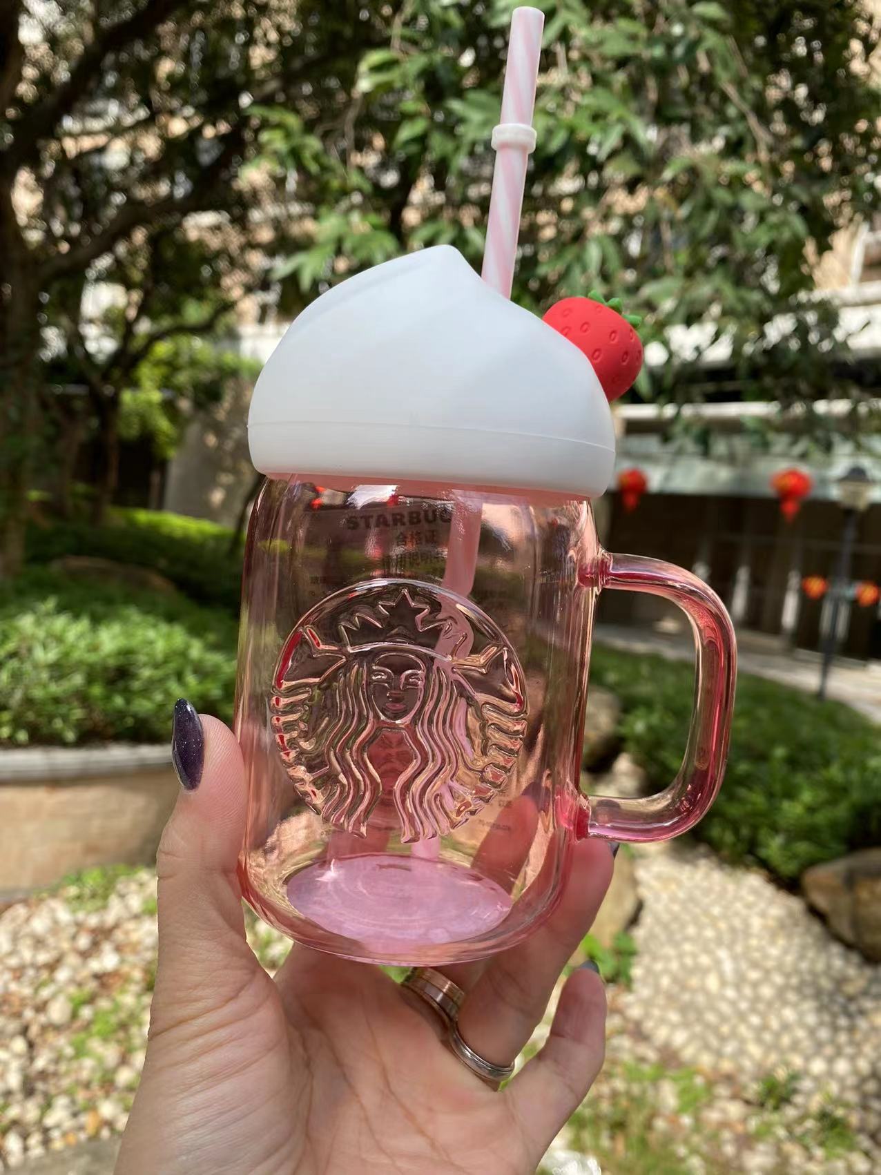 Starbucks China Summer Cream Fruit Ice Cream Mason Pink Glass 16oz Straw Cup