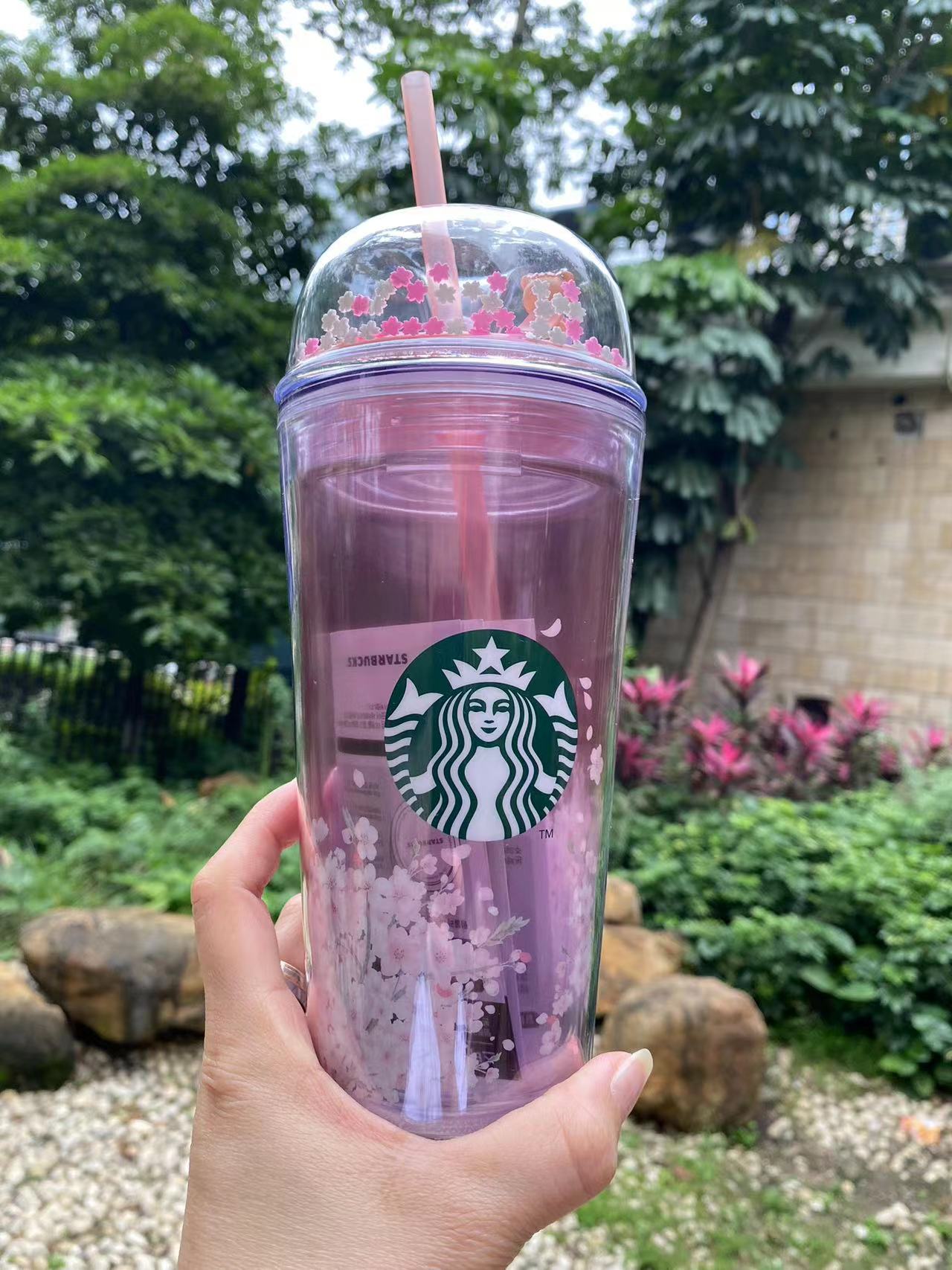New China Starbucks Frappuccino Green Sakura Pink Double Drink Glass Straw  Cup