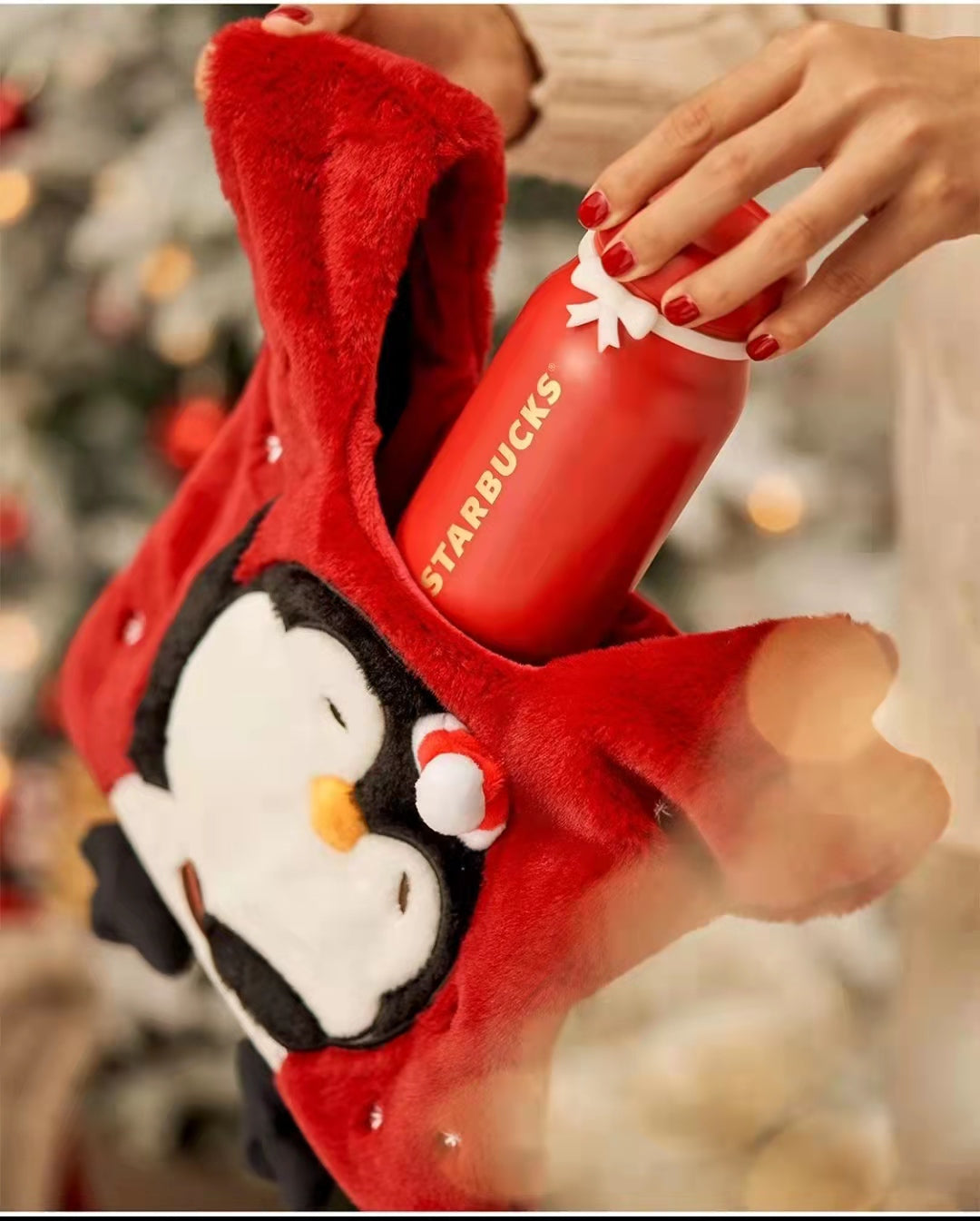 2021 China Red Christmas Penguin Plush Bag & 13oz Stainless Steel Vacuum Mug