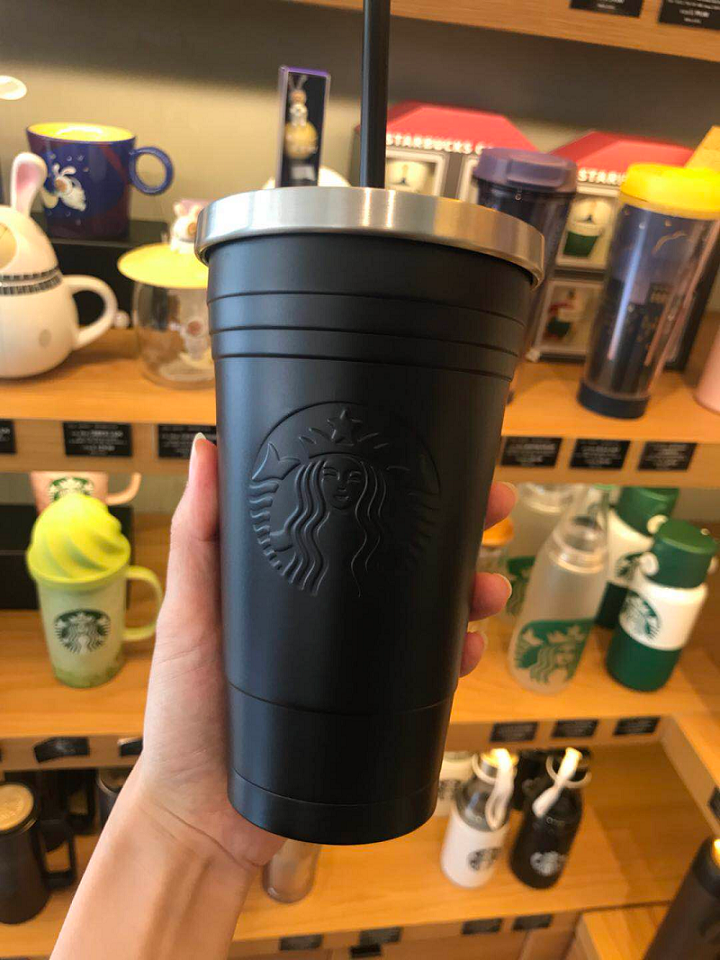 Starbucks 2021 Black 16oz Stainless Steel Straw Cup With Silver Lid