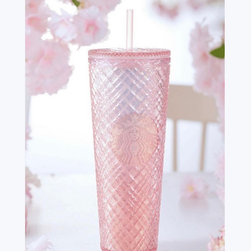 New 2023 Starbucks China Sakura Pink Glitter Studded Cold Cup Tumbler 24oz