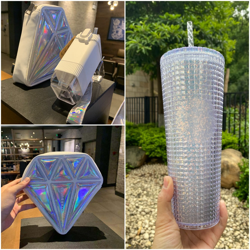 Starbucks 2021 Green Future 24oz Silver Shining Grid Tumbler + Starbucks 2021 Square 9.5oz Plastic Straw Cup with Diamond Shaped Bag