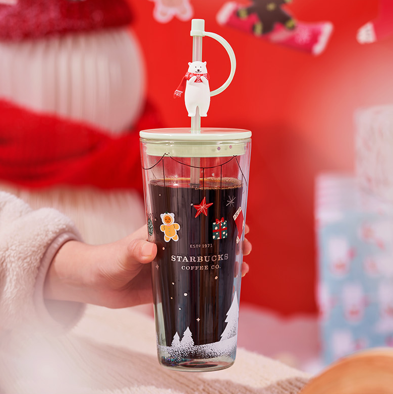 China Christmas 2022 Double Layer Glass Glitter Straw Cup 20oz Tumbler With Cute Bear Topper